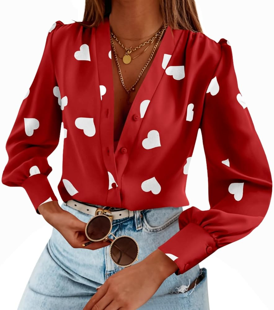 Women's Business Casual Tops Summer Long Sleeve Silk Button Down Shirts V Neck Chiffon Blouses | Amazon (US)