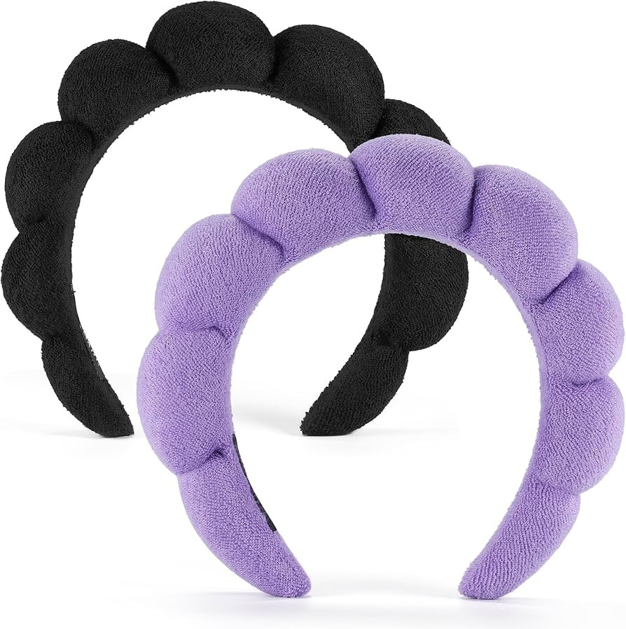 Terry Cloth Spa Headbands for Washing Face or Facial, Set of 2, Black & Purple - Puffy Makeup Hea... | Amazon (US)