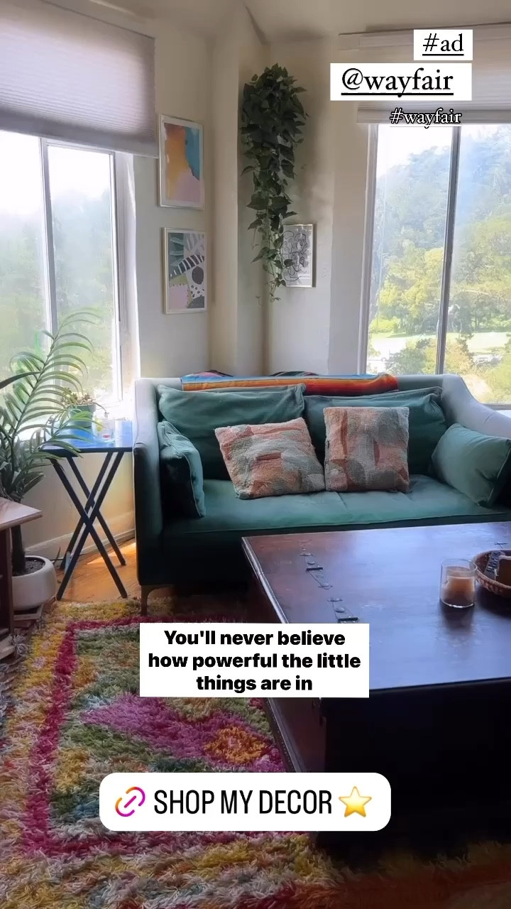 Apartment living room makeover!! ✨

Robin and I have lived in this apartment for almost 10 years (!!!) Shout out to rent control ❤️

And I've been itching to give our living room a refresh. Nothing major - I love my green couch y'all, and all the storage this thrifted coffee table has, but it needed a new sparkle.

Twyla had totally torn all the tassels off our throw pillows and I finally could no longer stand looking at these old side tables I've had since college.

So I teamed up with @wayfair to give this space a refresh!! It's amazing how little things can go a long way with decor. #wayfair #wayfairpartner #homedecor #livingroom #colorfulhome #throwpillows #apartment #coffeetables #jungalow 

#LTKHome #LTKFindsUnder100 #LTKSaleAlert