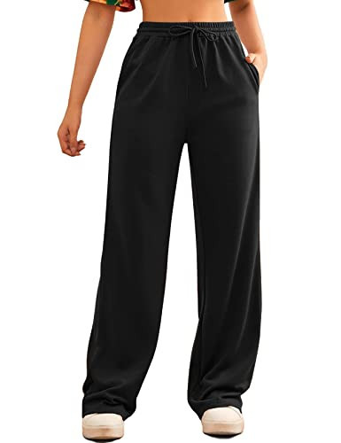 FACDIBY Wide Leg Sweatpants for Women Elastic High Waisted Drawstring Loose Pants with Pockets, Black, M | Amazon (US)