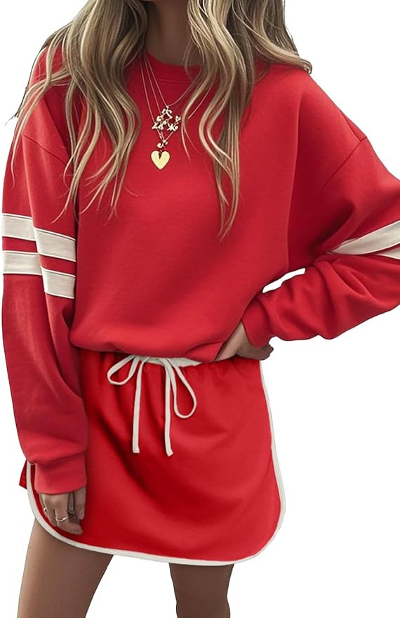 KevaMolly Womens Skirt Sets Varsity Stripe Detail Drop Shoulder Pullover Mini Skirt Set Casual Tw... | Amazon (US)