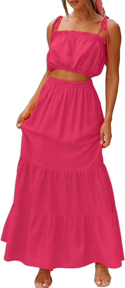Umenlele Women's 2 Piece Outfit Casual Sleeveless Crop Top Layered Ruffle Maxi Skirt Set | Amazon (US)