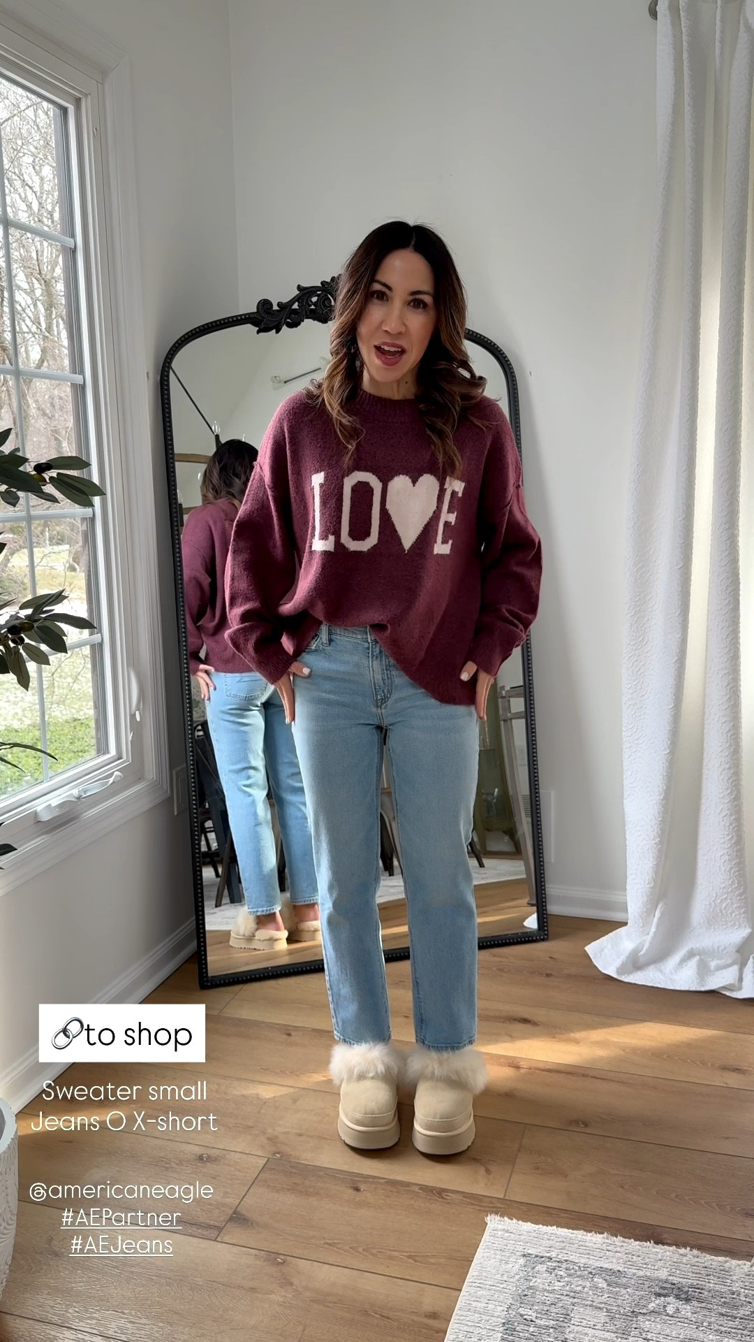 @americaneagle 
#AEPartner 
#AEJeans
Love sweater small, straight leg jeans 0 X-short. Valentine’s Day sweater, Valentine’s Day outfit.

#LTKPetite #LTKFindsUnder50 #LTKSaleAlert