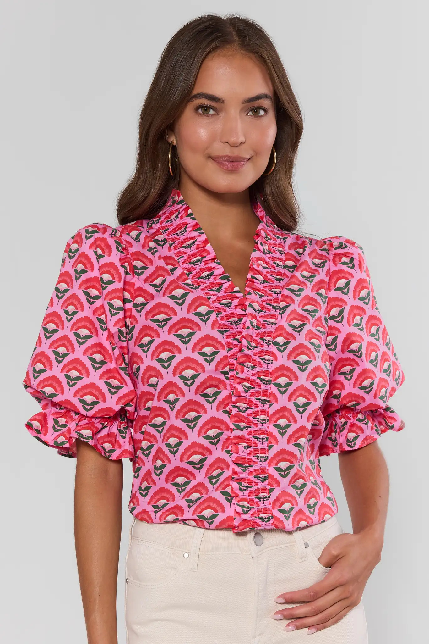Nancy Pink Printed Ruffle Detail Top | Avara