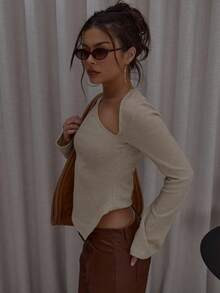 MUSERA Asymmetric Hem Cut Out Long Sleeve Knit Top Cute Classy Casual Streetwear Sexy Going Out F... | SHEIN