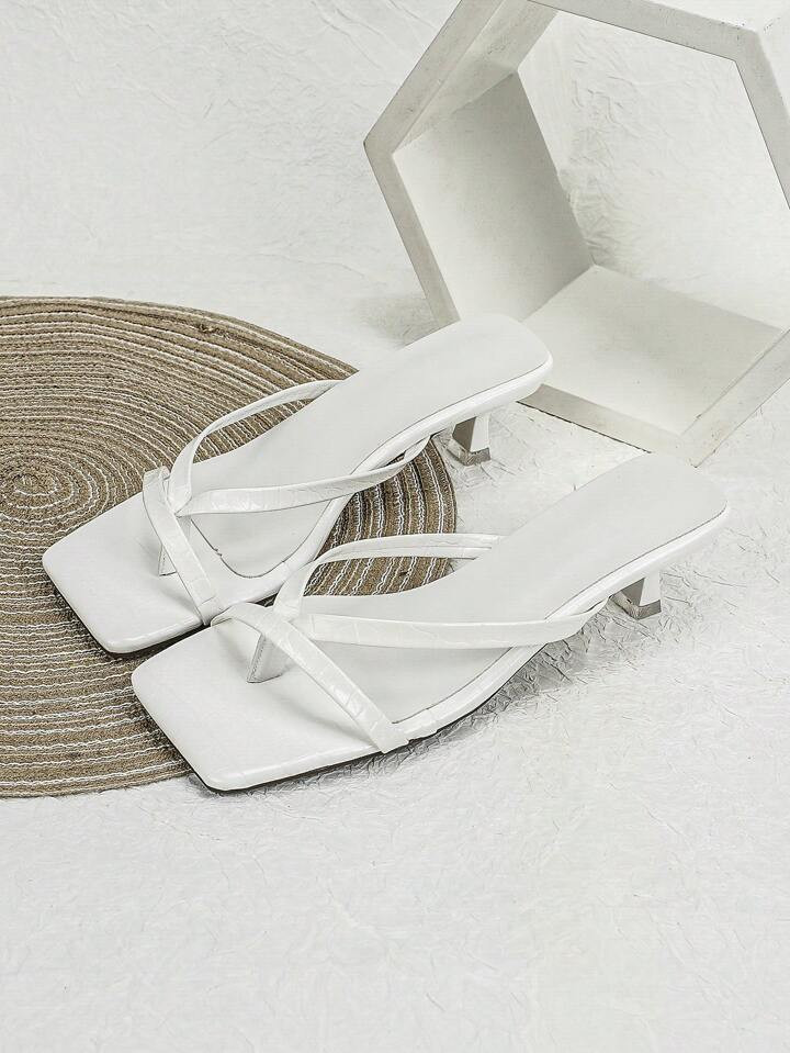 Women Random Crocodile Embossed Heeled Sandals, Fashionable Thong Sandals For Outdoor | SHEIN