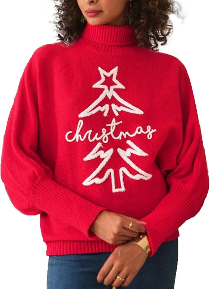 Women's Christmas Red Tops Trendy Batwing Sleeve Knit Sweater Loose Long Sleeve Turtleneck Pullov... | Amazon (US)