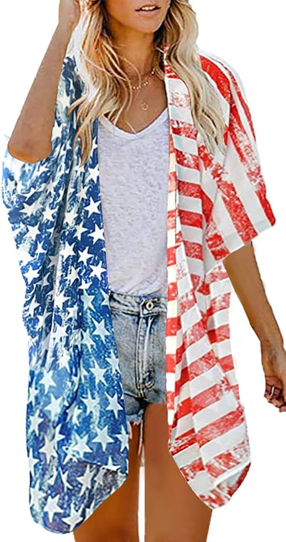 Women's Floral Print Puff Sleeve Kimono Cardigan Loose Cover Up Casual Blouse Tops | Amazon (US)