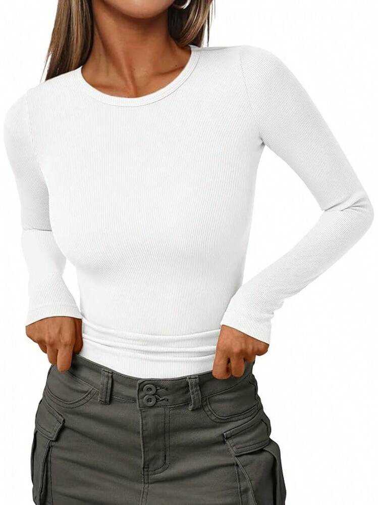 AUTOMET Womens Ribbed Shirts Crewneck Fitted Tops Casual Underscrubs Layer Slim Basic T-Shirts Wo... | SHEIN