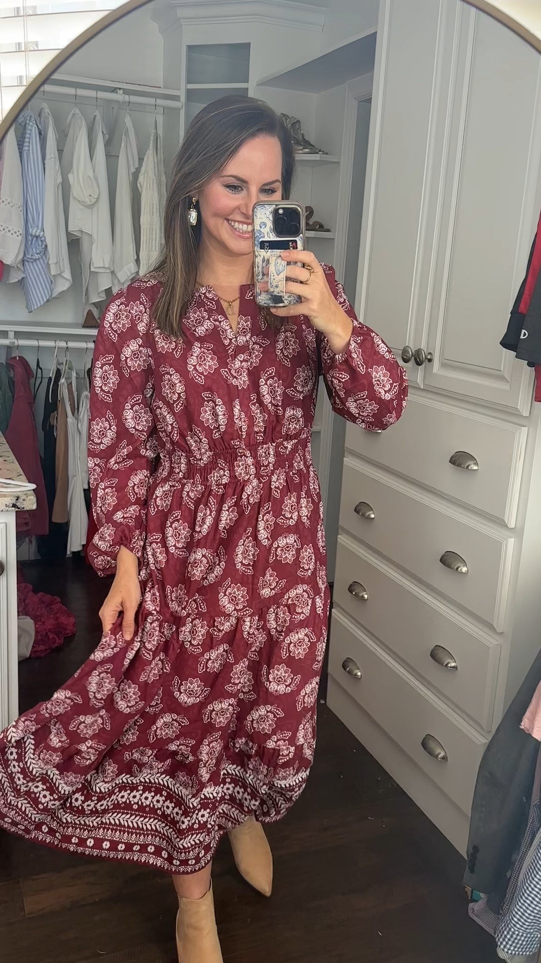 What I ended up wearing for fall family photos! Would be a great Thanksgiving or winter wedding guest dress too! 📸 

Wearing a size M in this wine red maxi dress! Smocked waistband (but I added a rattan belt), flowy tiered skirt & ankle boots!  

#LTKgrwm #LTKWedding #LTKFindsUnder50