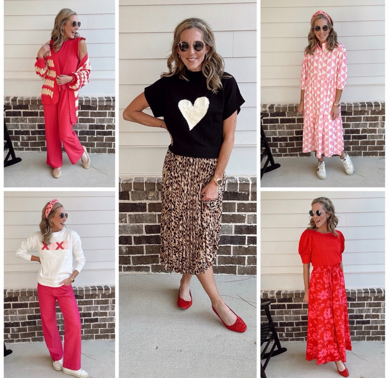 Here’s a week of Valentine’s Day-inspired outfits featuring lots of pink with a pop of animal print, perfect for a stylish, flirty, and fun wardrobe! 

Fun red and top pants size small 
Heart sweater and skirt - size small 
Xoxo sweater and jeans - size small and size 2 
Pink dress size samll 
Jumpsuit size small - chunky cardigan size small  

#LTKWorkwear #LTKFindsUnder50 #LTKStyleTip #galentines 

#LTKActive #LTKOver40 #LTKSeasonal