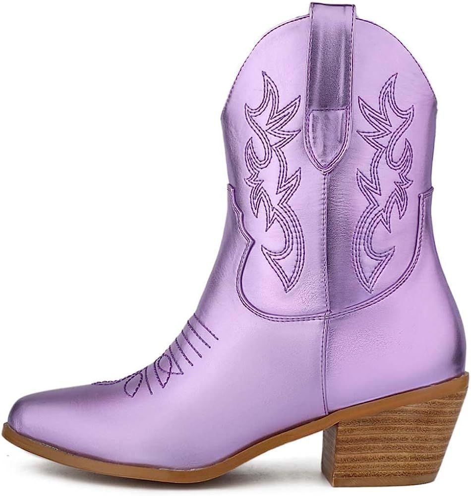 Women Western Cowboy Cowgirl Stitched Ankle Boots Embroidered Round Toe Stacked Heel Pull on Shor... | Amazon (US)