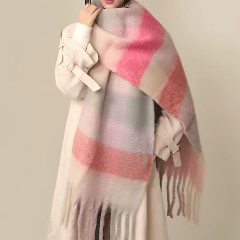 2023 Autumn/winter Women's Plaid Pink Scarf With Tassels, Made Of Thick Knitted Acrylic Yarn | SHEIN