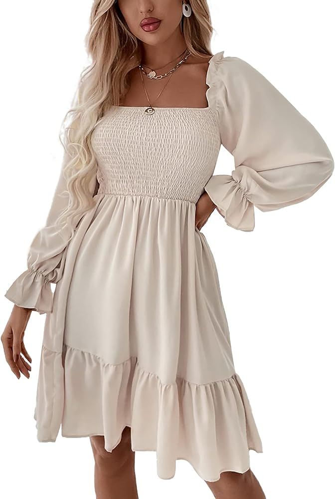 LYANER Women's Square Neck Lantern Long Sleeve Ruffle Shirred Flowy Party Mini Dress | Amazon (US)