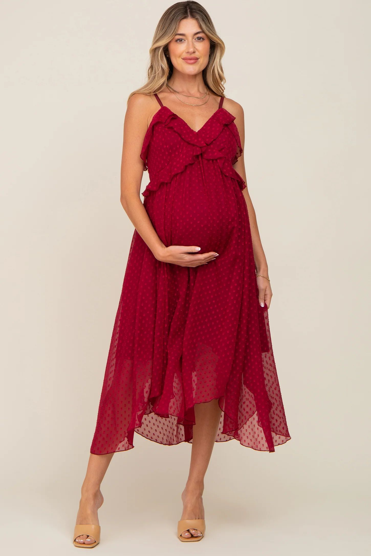 Burgundy Swiss Dot Handkerchief Maternity Midi Dress | PinkBlush Maternity