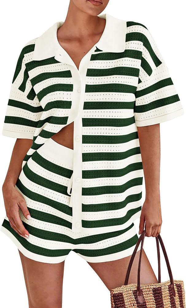 PRETTYGARDEN Women's 2 Piece Shorts Sets Casual Summer 2025 Short Sleeve Striped Sweater Set Matc... | Amazon (US)