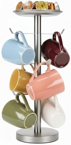 Coffee Mug Tree, Cup Holder for 6 Cups, with Tray for Phone, Tissues or Capsule (Brushed Nickel) | Amazon (US)