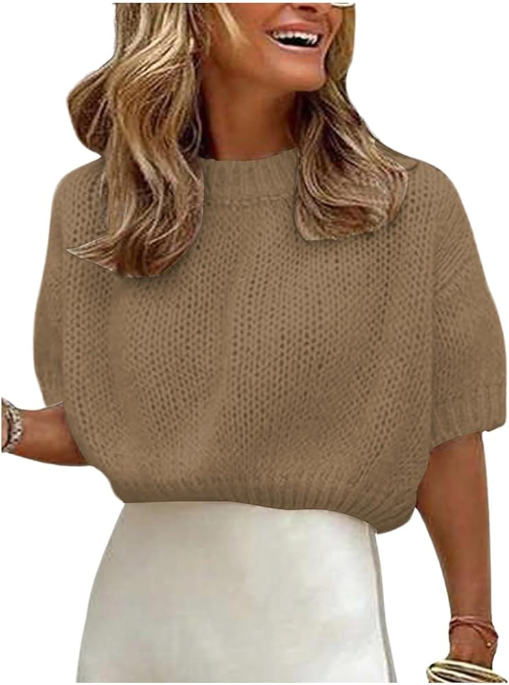 GORGLITTER Women's Puff Sleeve Crewneck Knit Shirt Top Short Sleeve Solid Loose Sweater | Amazon (US)