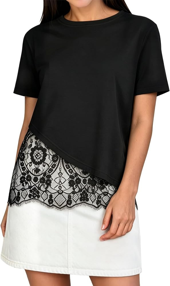 Womens Lace Patchwork Tops Short Sleeve Cotton T Shirts | Amazon (US)