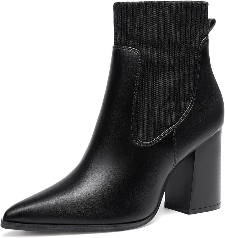 Coutgo Women Ankle Boots Sock Booties Pointed Toe Chunky Stacked High Heel Knit Chelsea Winter Dr... | Amazon (US)
