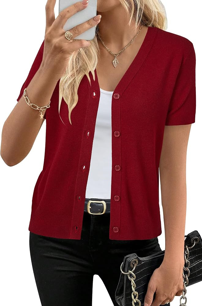 Arach&Cloz Women's Wool Blend Short Sleeve Lightweight Cardigan Business Casual Summer Sweaters T... | Amazon (US)