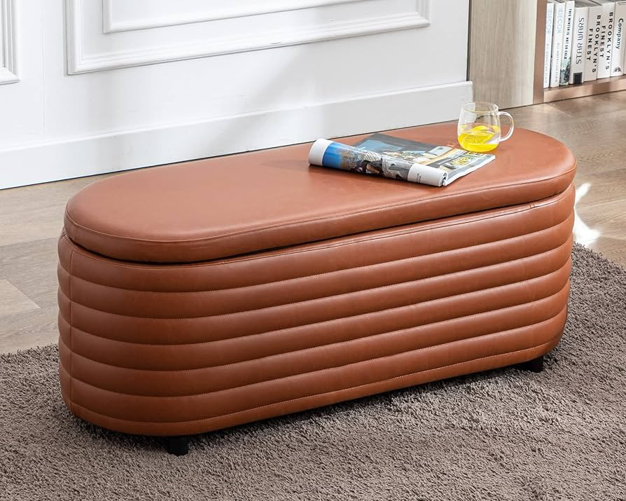 Storage Ottoman Bench Upholstered PU Leather End of Bed Stool with Safety Hinge for Bedroom, Livi... | Amazon (US)