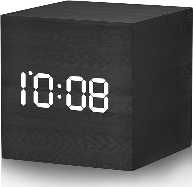 WulaWindy Digital Alarm Clock Wooden LED Light Multifunctional Modern Cube Displays Date Temperat... | Amazon (US)