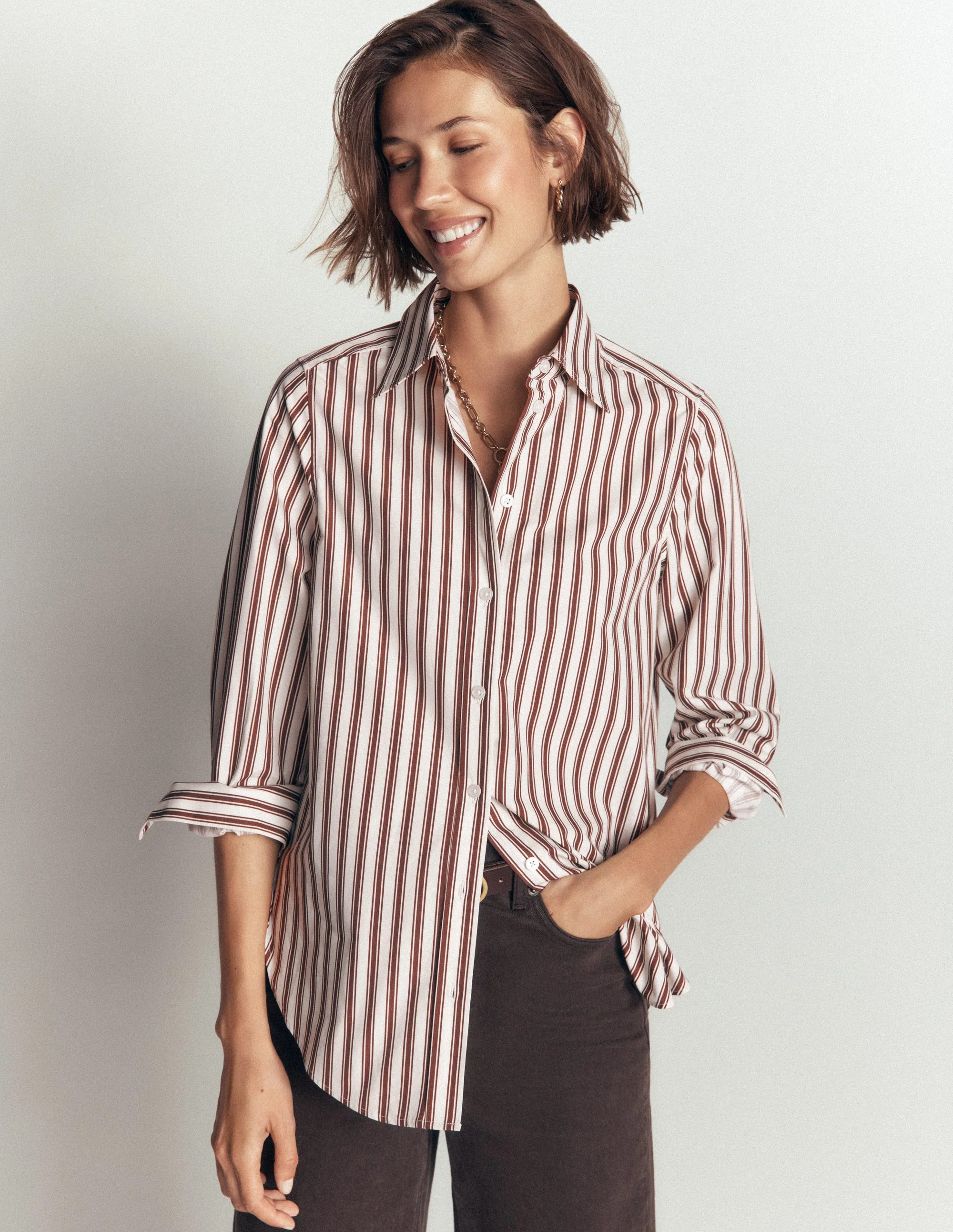 Chemise longue Anna en coton-Ray\u00e9 marron et ivoire | Boden FR