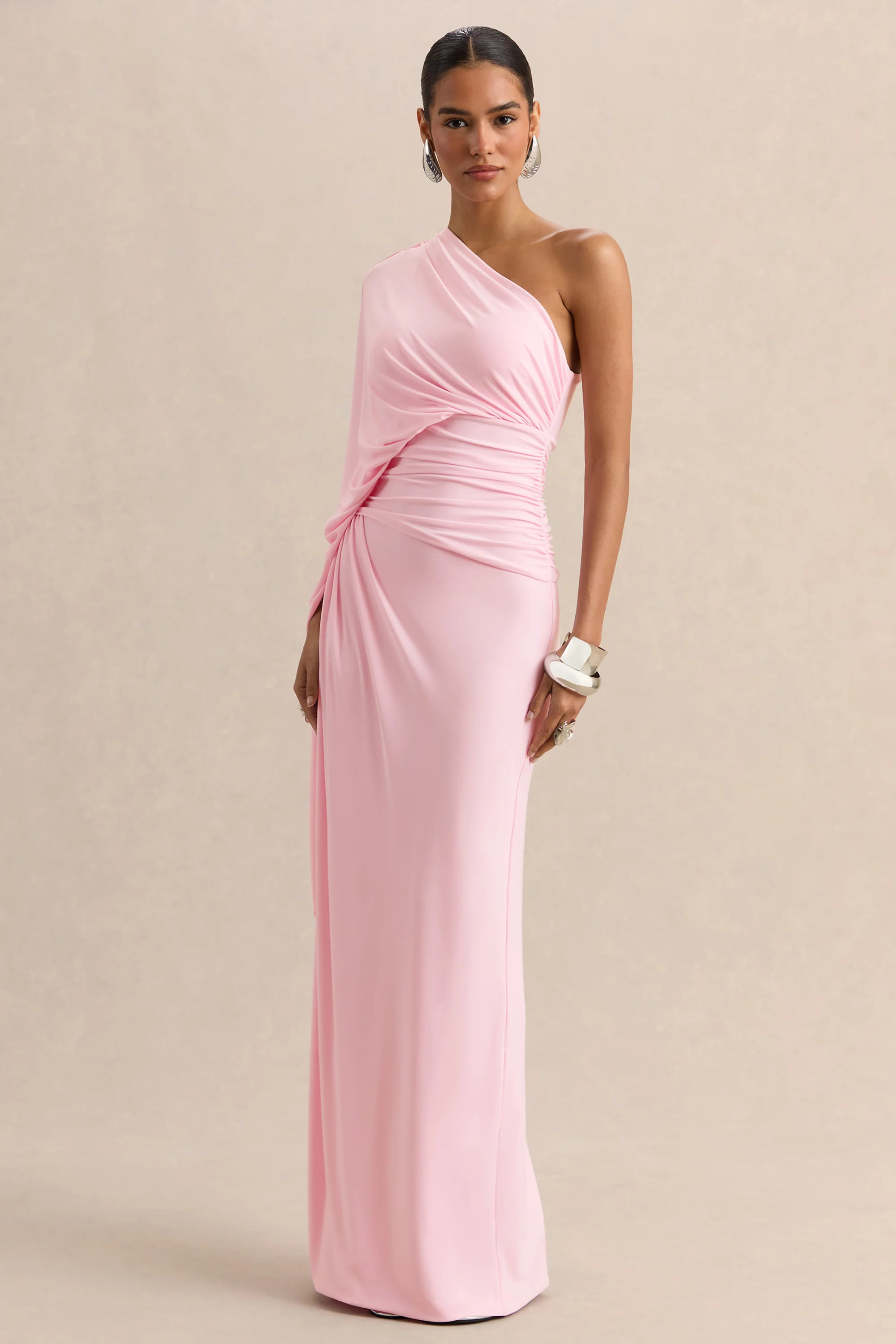 Sabella | Pink Asymmetric-Neck Maxi Dress | Club L London