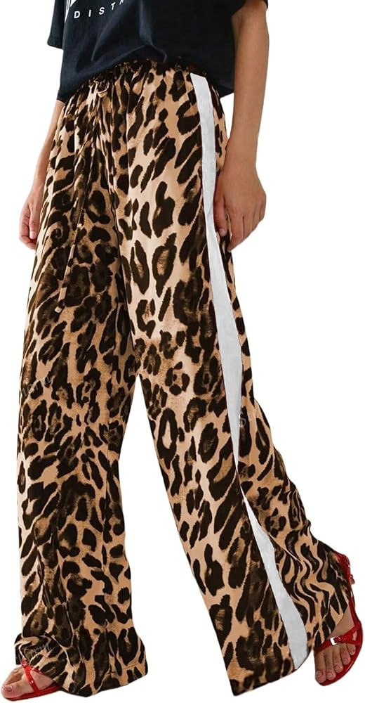 Women's Casual Pants Drawstring Leopard Print Color Block Side Striped Straight Leg Wide Leg Loos... | Amazon (US)