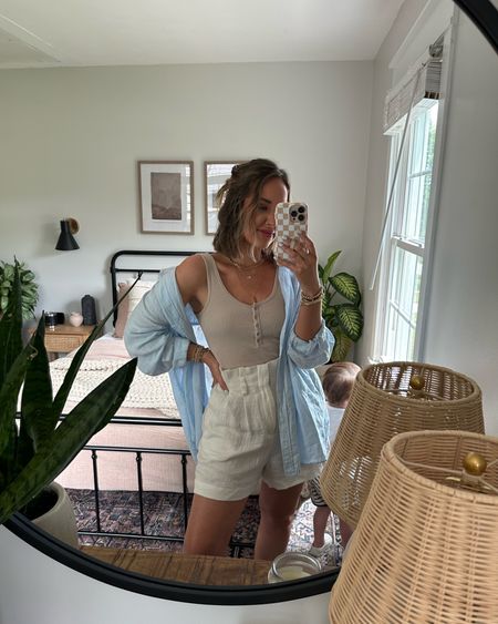 Todays ootd 💙 linen blouse for $29.99! I sized up for an oversized fit / it’s sooo comfortable. Have had for a year and washes great - I have a ton of colors. 

H&M, linen blend, linen blouse, linen button down, linen shorts, ribbed tank, cropped tank, Target shorts, gold necklaces, gold jewelry, summer outfit, effortless summer 

#LTKFind #LTKunder50
