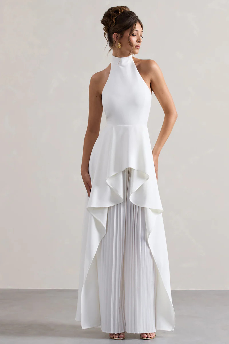 Ashwood | White Plisse High-Neck Cape Jumpsuit | Club L London