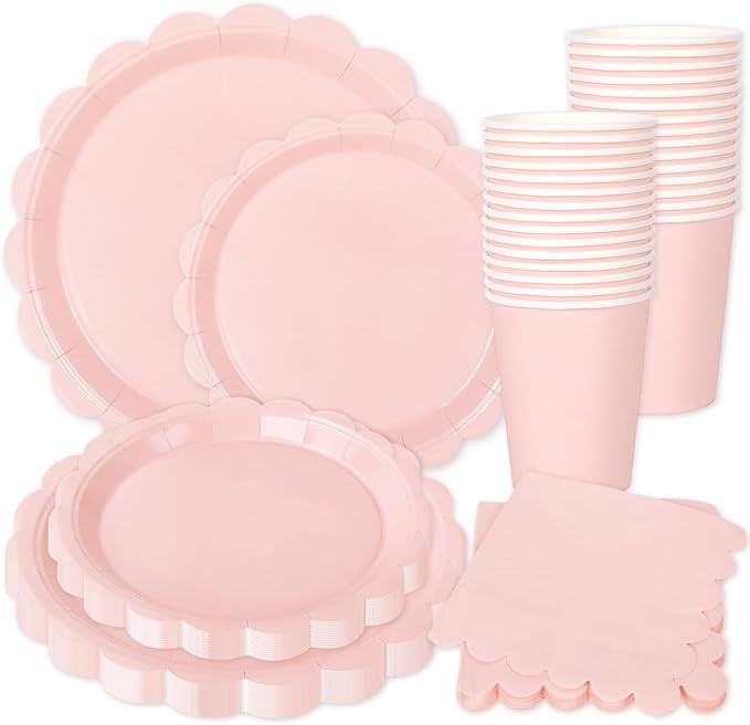 Whaline Light Pink Party Supplies Kit Scalloped Paper Tableware Plate Napkin Cup Pastel Disposabl... | Amazon (US)