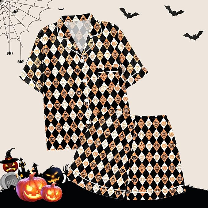Halloween Pajamas Women, Satin Pajama Set for Women Halloween Pumpkin Ghost Button Down Shirts an... | Amazon (US)