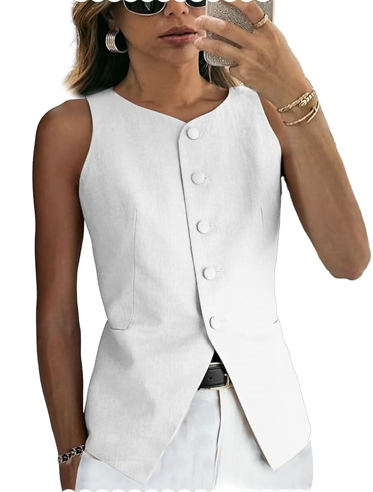 Women's Linen Waistcoat Slim Fit 5 Button V-Neck Dressy Suit Vest | Amazon (US)