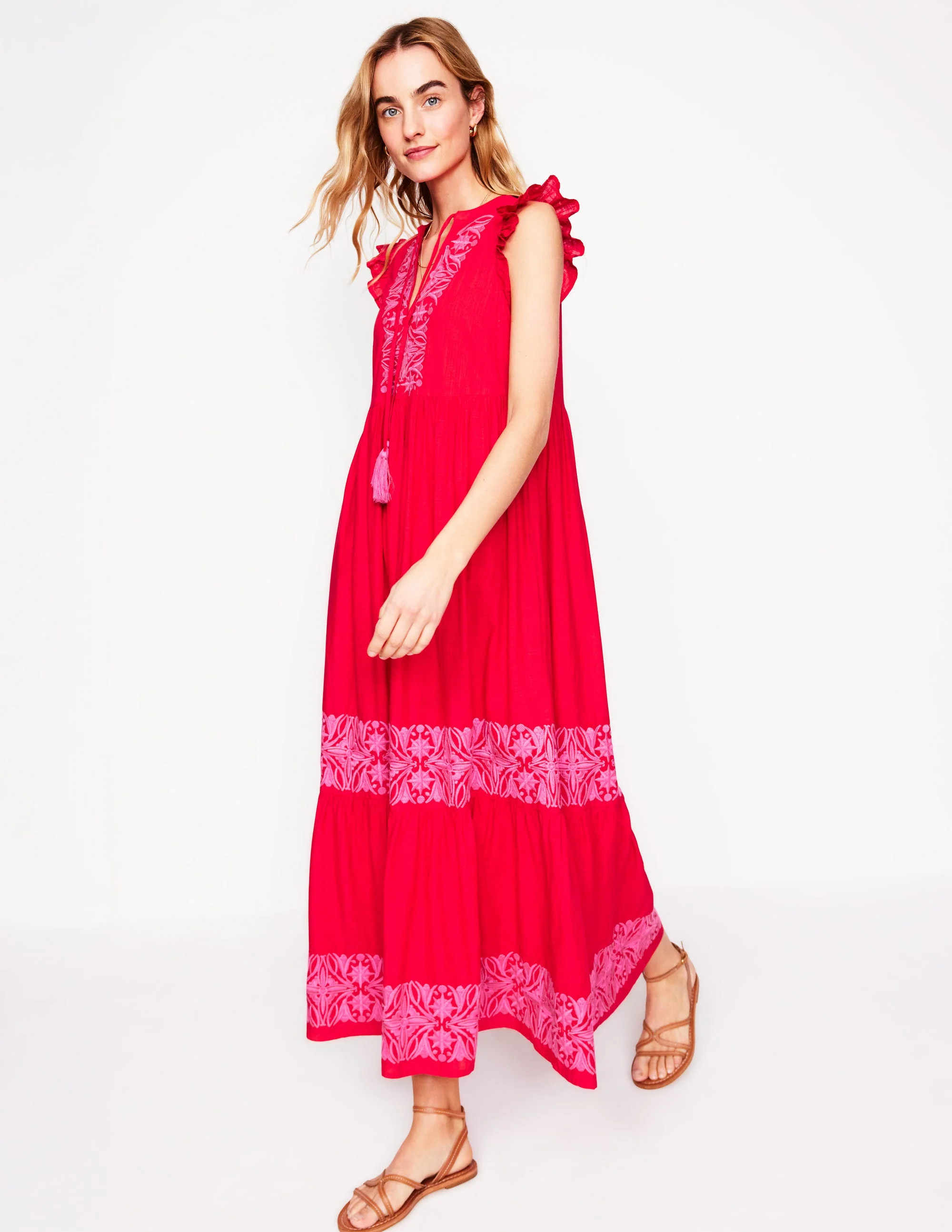 Tie Neck Tier Dress-Poppy Red | Boden UK