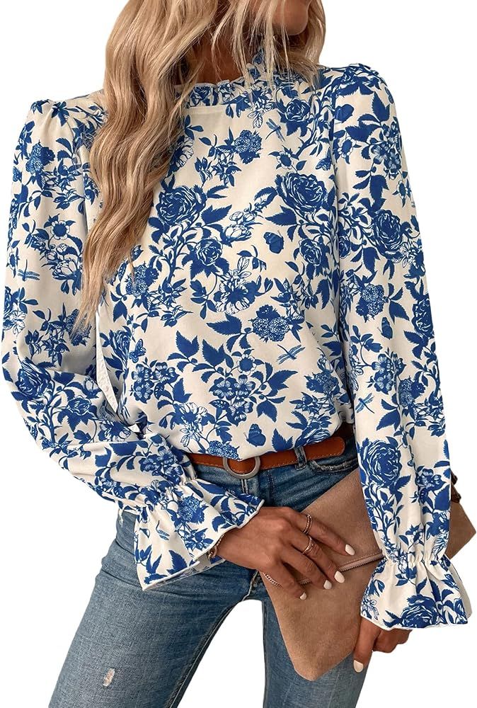 MakeMeChic Women's Floral Print Long Sleeve Ruffle High Neck Blouse Shirt Top | Amazon (US)