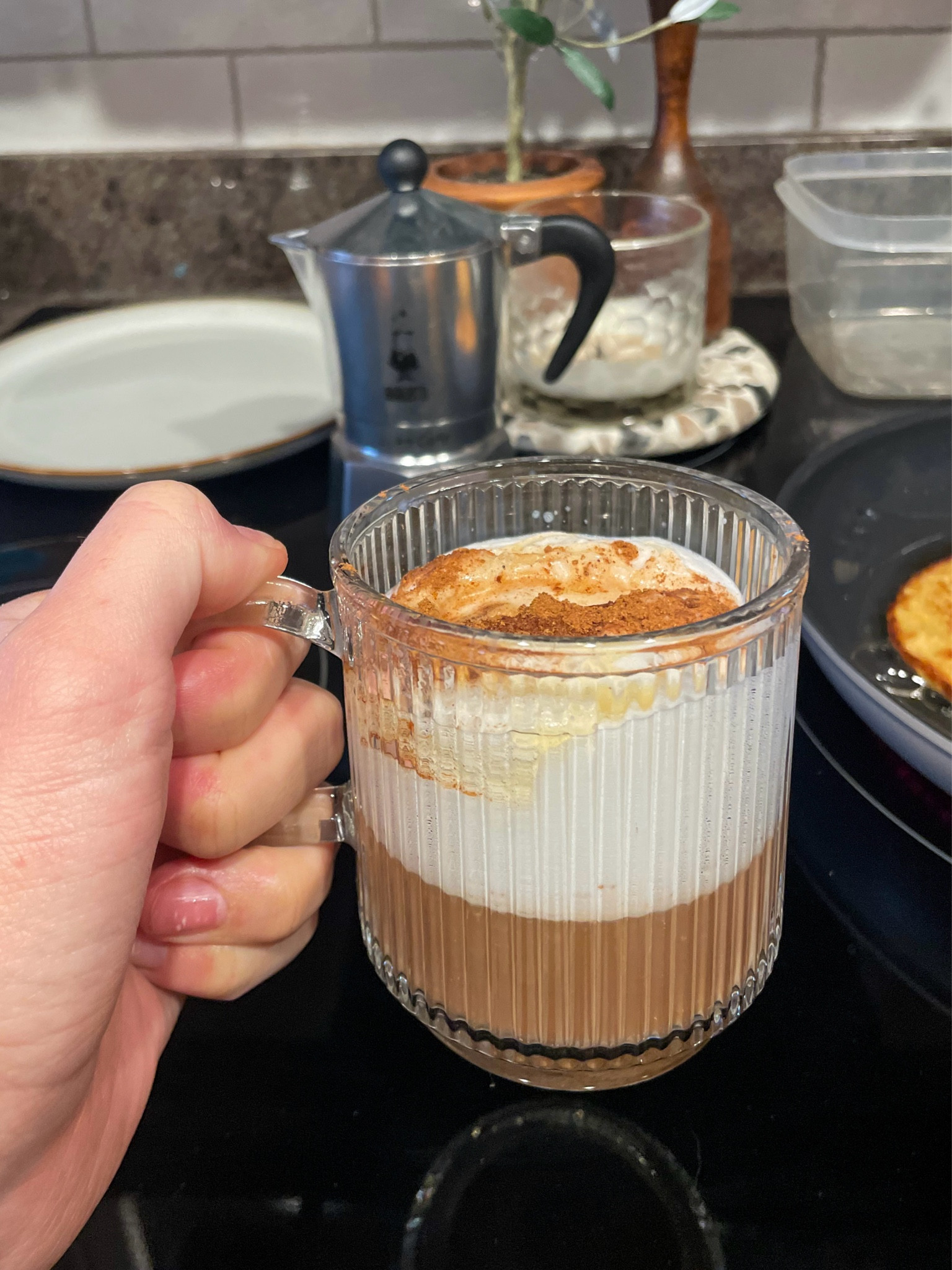 Stovetop espresso with frothed milk in new ribbed tempered glass mugs ☕️ cheers!
