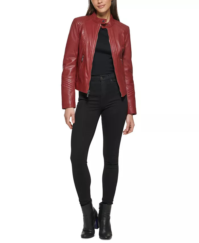 Women's Quilted-Shoulder Leather Coat, Created for Macy's | Macys (US)