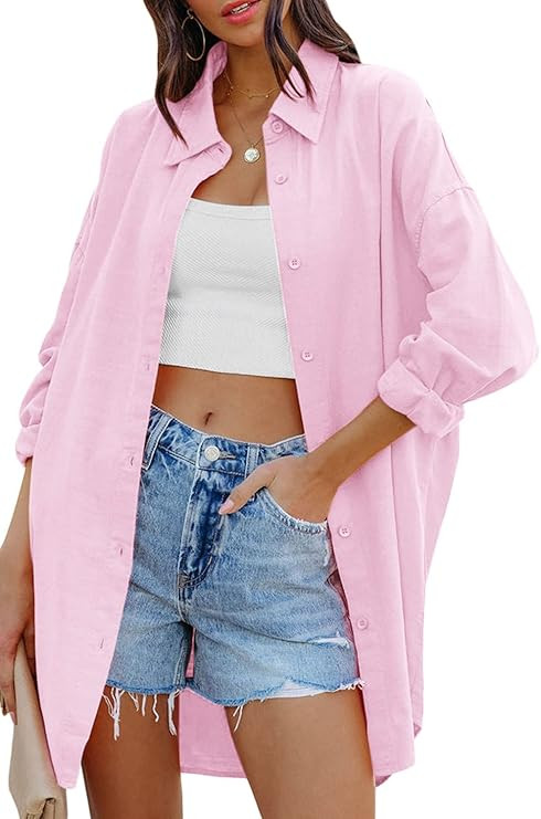 FSHAOES Womens Oversized Button Down Shirts Casual Loose Long Sleeve Solid Lapel Long Blouses Top... | Amazon (US)