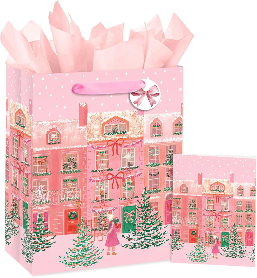 Christmas Gift Bag for Girls Women, Pink Winter Street Shop Design With Snow, Trees and Holiday D... | Etsy (US)