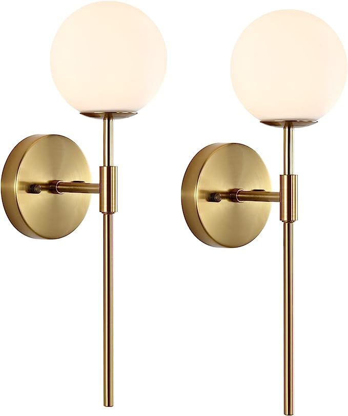 BYOLIIMA Gold Wall Sconce Set of 2 with White Globe Glass Shades Modern Mid Century Bathroom Vani... | Amazon (US)