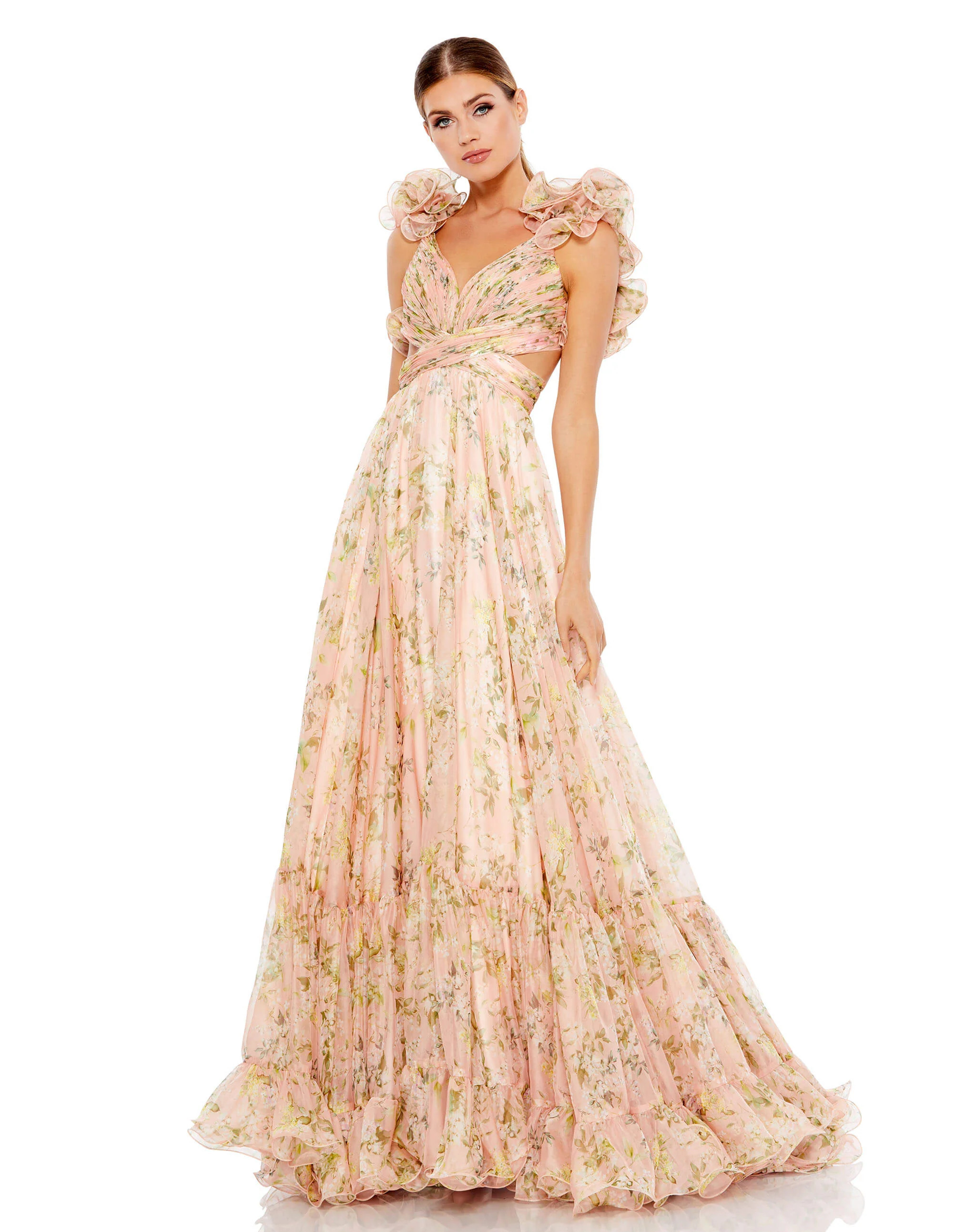 Ruffle Tiered Floral Cut-Out Chiffon Gown | Mac Duggal