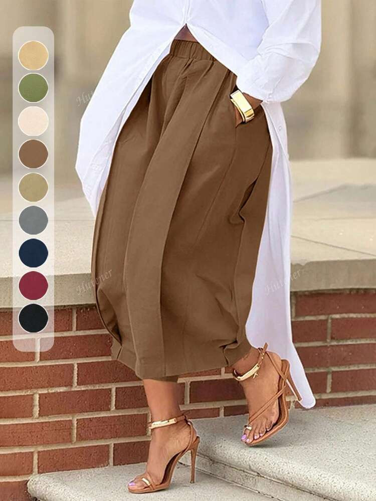 Fall/ Winter Plus Size Women 'S Trousers Solid Color Casual Wide Leg Capri Pants With Pockets, Purplish Blue, Versatile Everyday Outfit | SHEIN