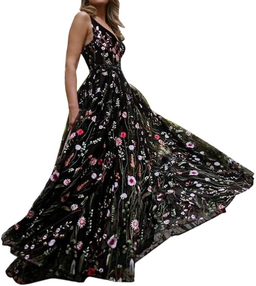 Embroidered Maxi Dress Womens Sexy Deep V Neck Floral Boho Backless Party Prom Beach Wedding Long... | Amazon (US)