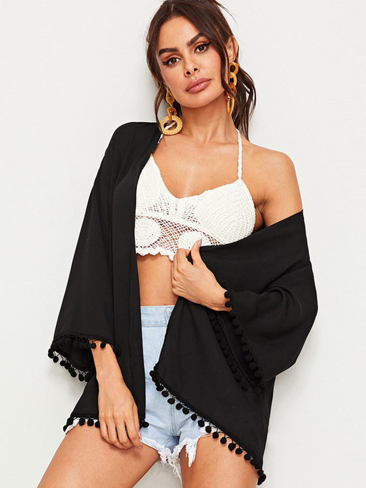 SHEIN Solid Pompom Trim Kimono | SHEIN