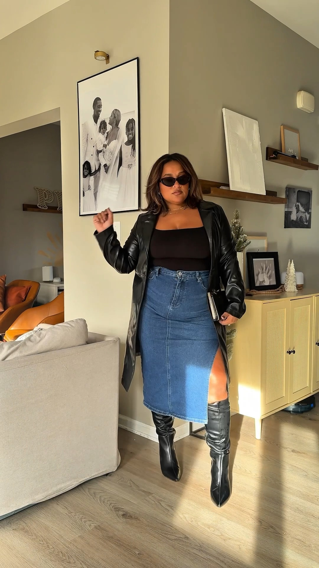 Recreating Pinterest look on a midsize pregnant body- loving this leather trench coat and stretchy skirt that fits over my bump paired with wide calf boots 🫶🏽

#LTKBump #LTKMidsize #LTKPetite