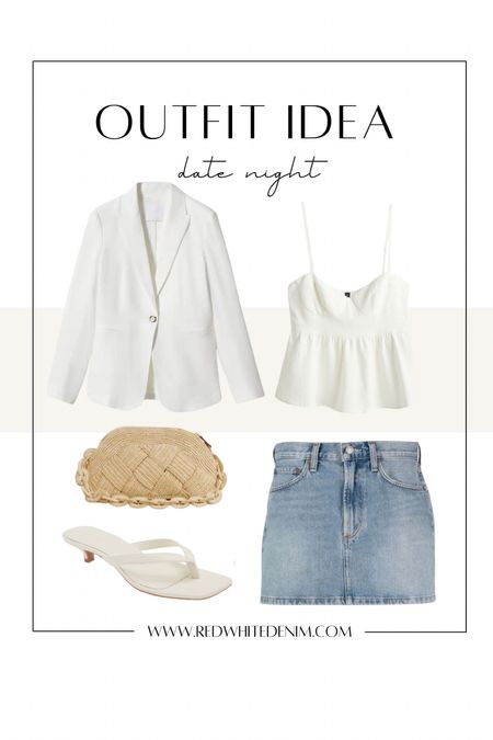 Summer Date Night Outfit Idea Levi’s Denim Mini Skirt Ivory Blazer Kitten Heels