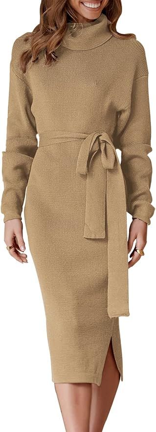 ANRABESS Women's Turtleneck Batwing Long Sleeve Midi Sweater Dress Ribbed Knit Casual Waist Belt ... | Amazon (US)