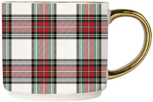 Sweet Water Decor White Plaid Coffee Mug, 14oz China Christmas Mug with Gold Handle, Large Holida... | Amazon (US)